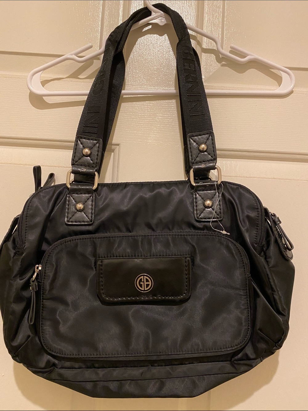 Black Nylon Shoulder Tote with Logo Accent  Giani Bernini